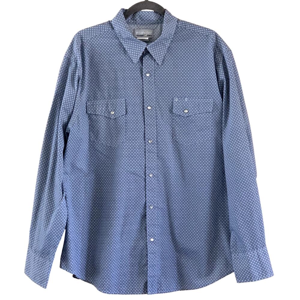 Wrangler WRancher Shirt Long Sleeve Pearl Snap Light Blue Print Size XL